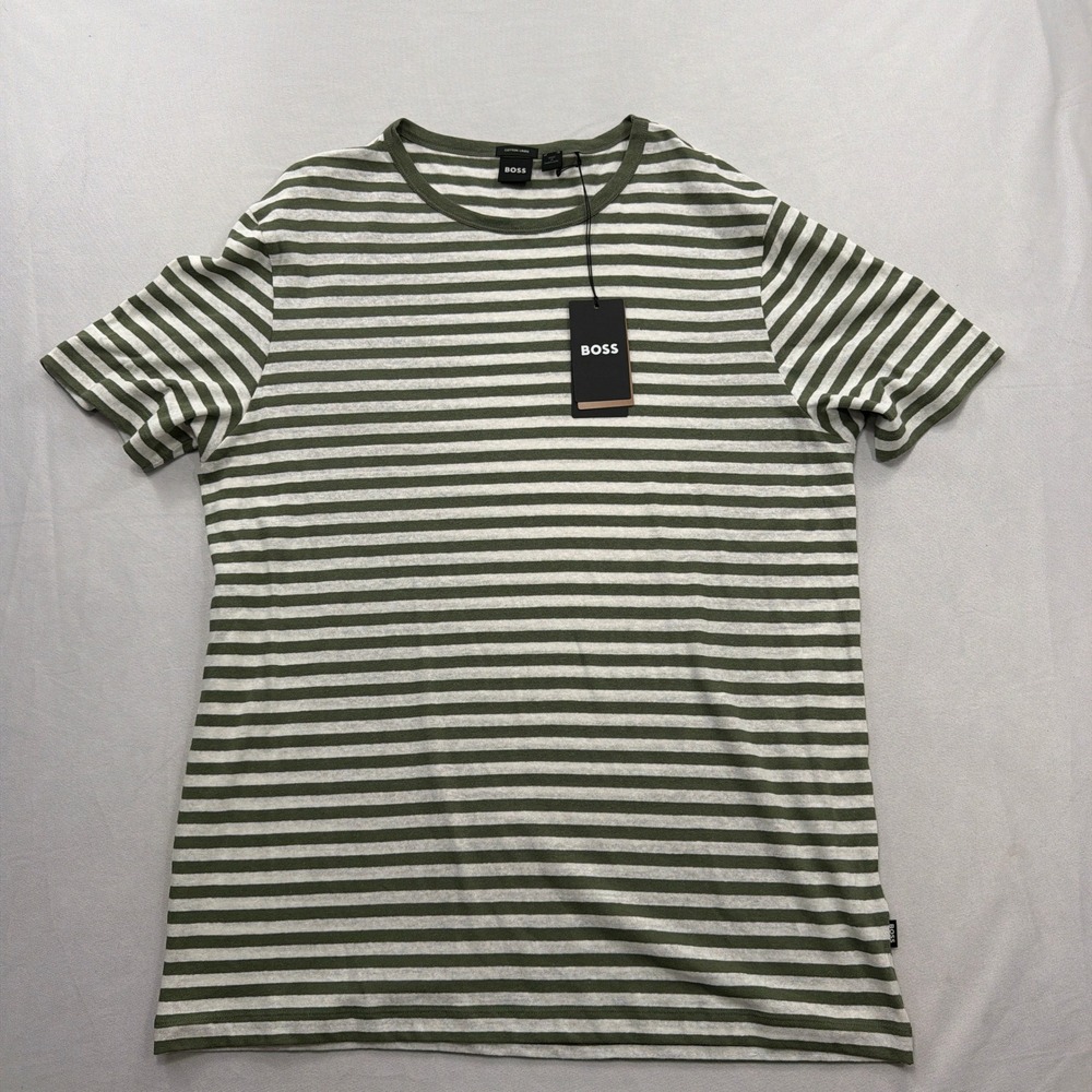 BOSS T-Shirt Cotton Linen Striped Short Sleeve Olive Green Mens XXL NWT